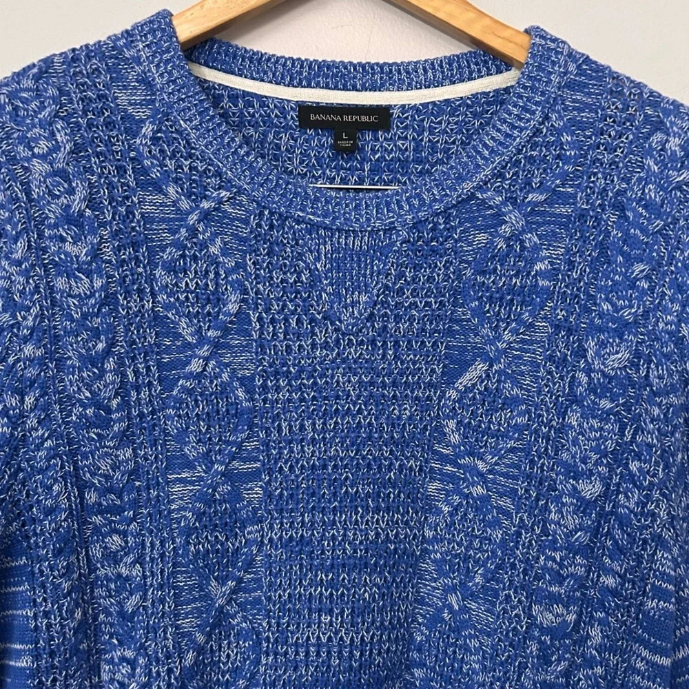 Banana Republic Sweater Mens Large Blue White Marl Cable Knit Crew Neck Pullover